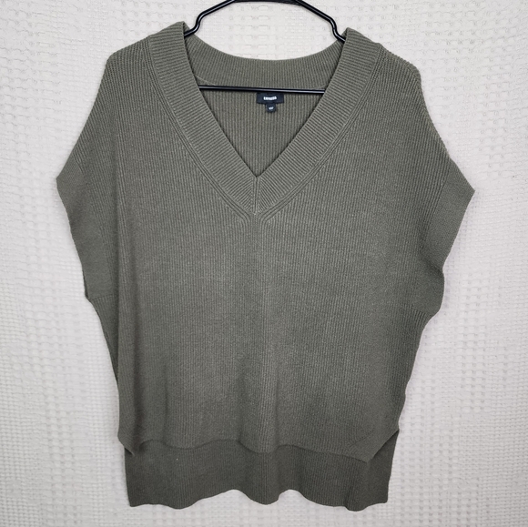EXPRESS Ribbed V-Neck Short Sleeve Oversized Sweater Olive Green M - Picture 5 of 5